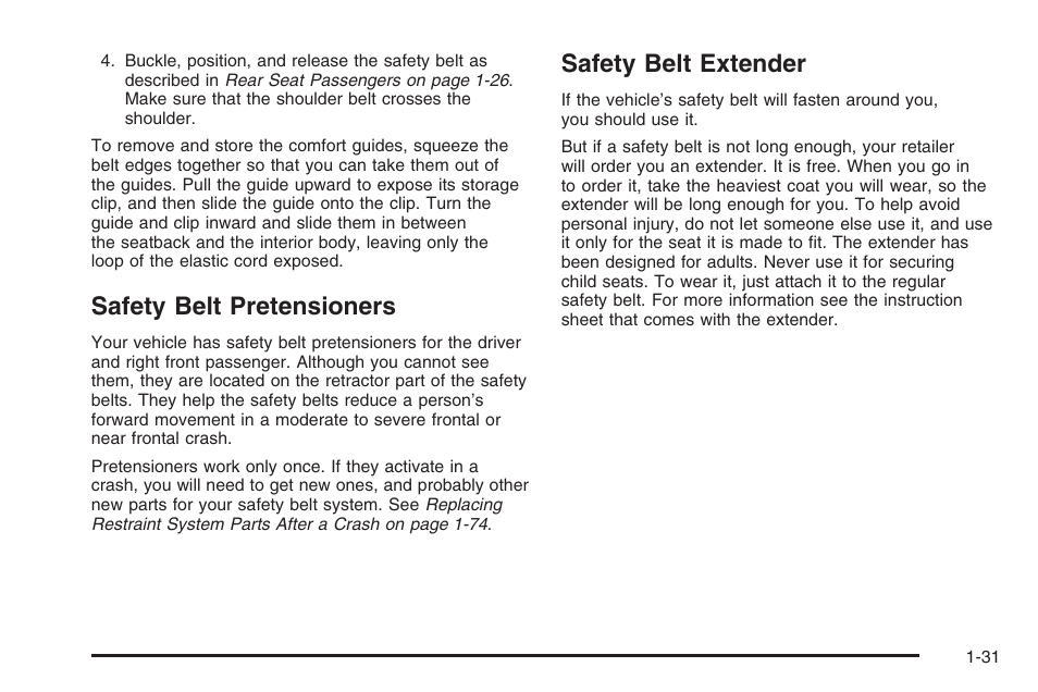 Safety belt pretensioners, Safety belt extender | Saturn 2006 Vue User Manual | Page 37 / 412