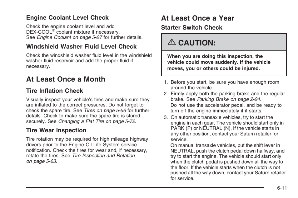 At least once a month, At least once a year, At least once a month -11 at least once a year -11 | Caution | Saturn 2006 Vue User Manual | Page 375 / 412