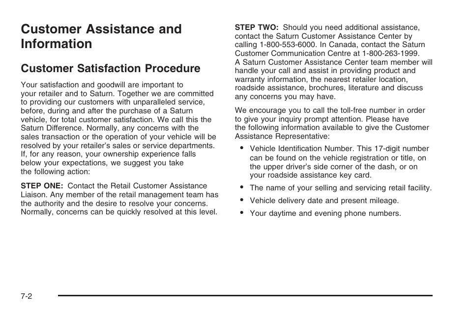 Customer assistance and information, Customer satisfaction procedure, Customer assistance and information -2 | Customer satisfaction procedure -2 | Saturn 2006 Vue User Manual | Page 386 / 412
