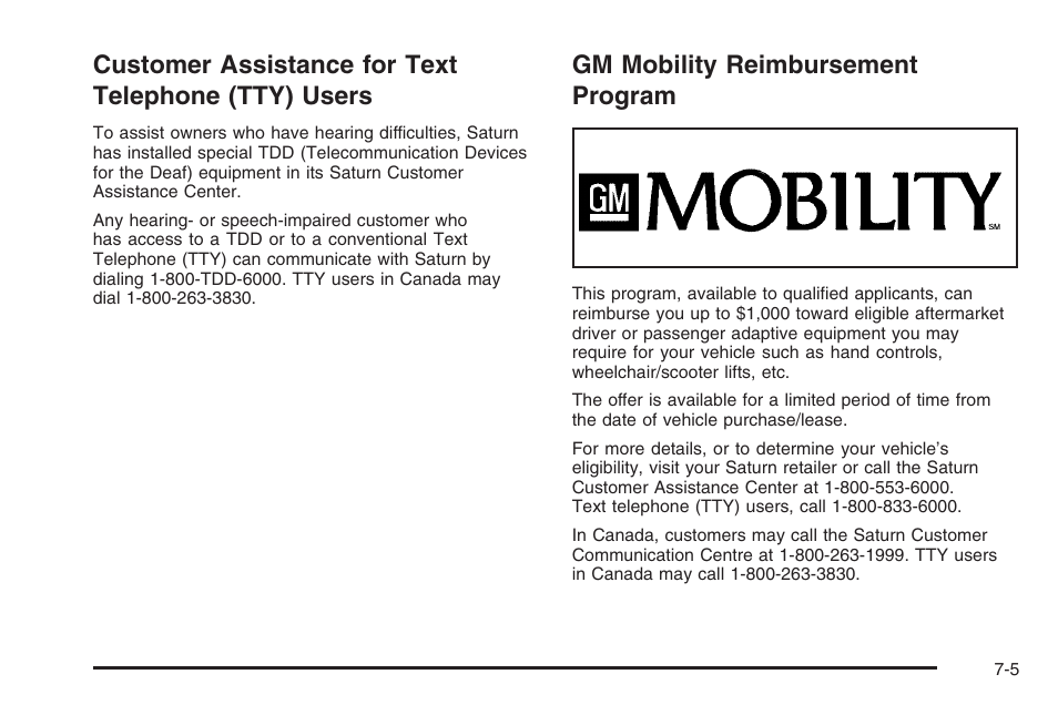 Customer assistance for text telephone (tty) users, Gm mobility reimbursement program, Customer assistance for text | Telephone (tty) users -5, Gm mobility reimbursement program -5 | Saturn 2006 Vue User Manual | Page 389 / 412