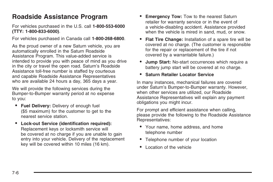 Roadside assistance program, Roadside assistance program -6 | Saturn 2006 Vue User Manual | Page 390 / 412