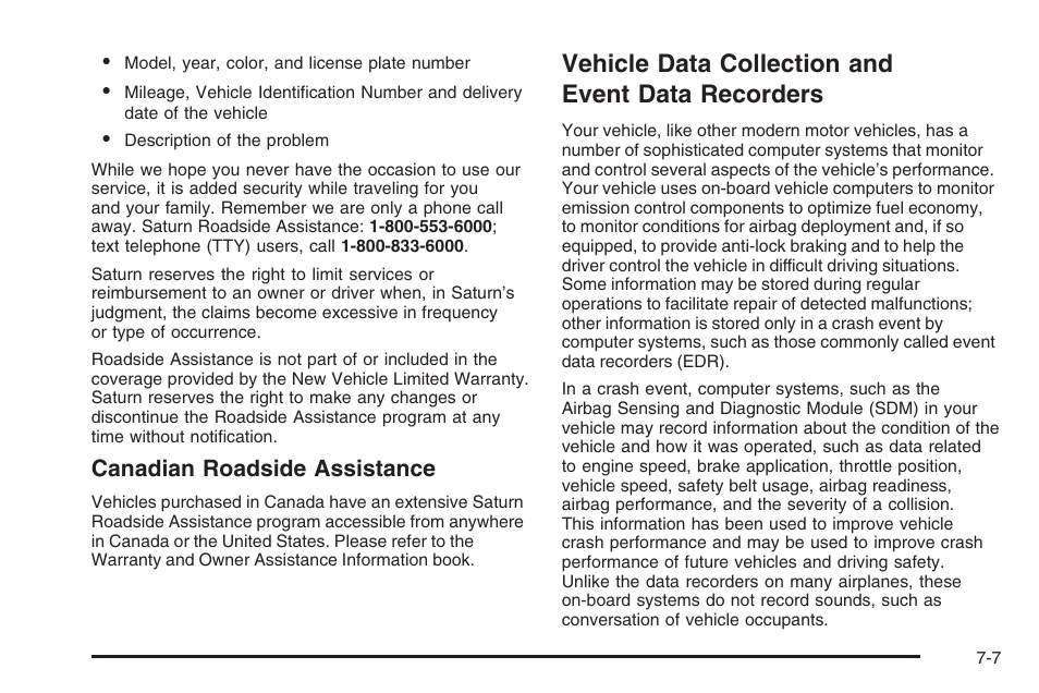 Vehicle data collection and event data recorders, Vehicle data collection and, Event data recorders -7 | Canadian roadside assistance | Saturn 2006 Vue User Manual | Page 391 / 412