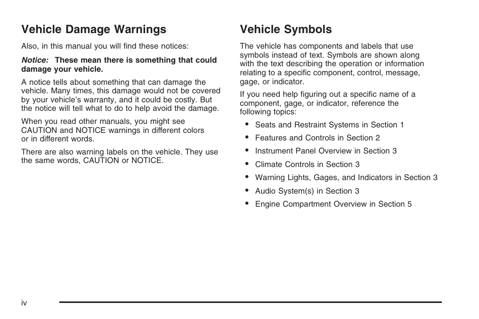 Vehicle damage warnings, Vehicle symbols | Saturn 2006 Vue User Manual | Page 4 / 412