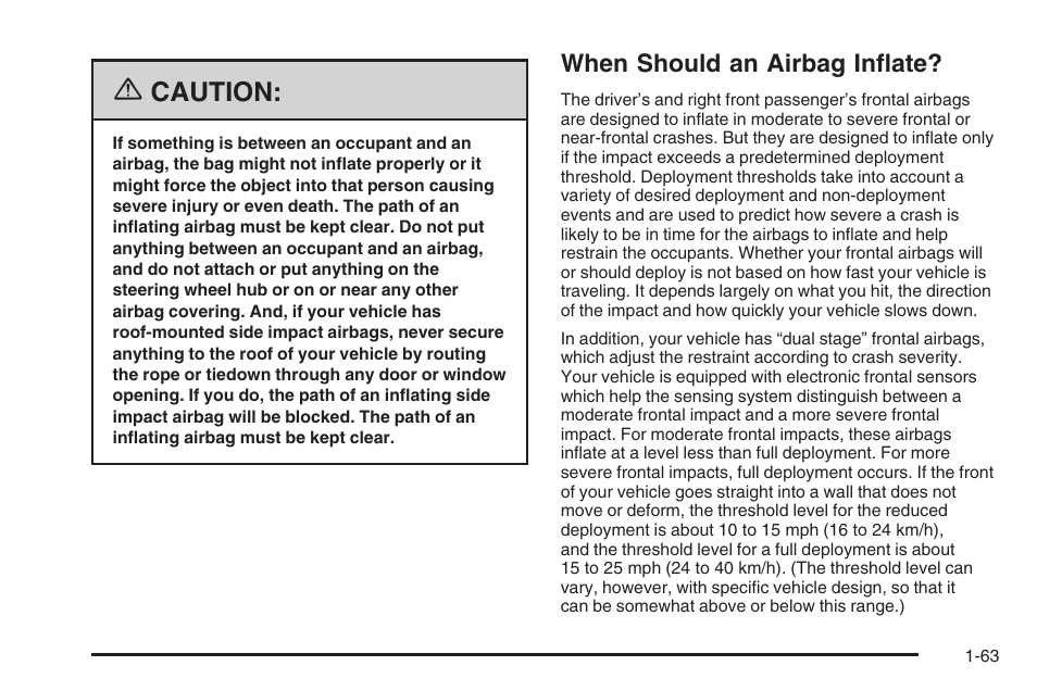 When should an airbag inflate, When should an airbag inflate? -63, Caution | Saturn 2006 Vue User Manual | Page 69 / 412