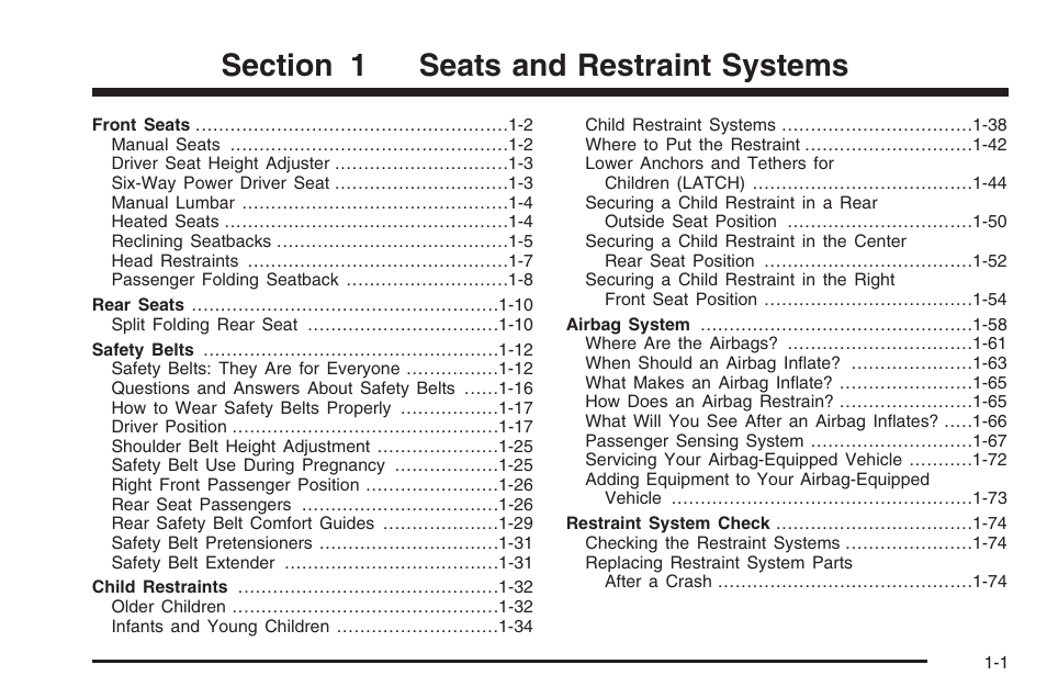 Seats and restraint systems, Seats and restraint systems -1 | Saturn 2006 Vue User Manual | Page 7 / 412