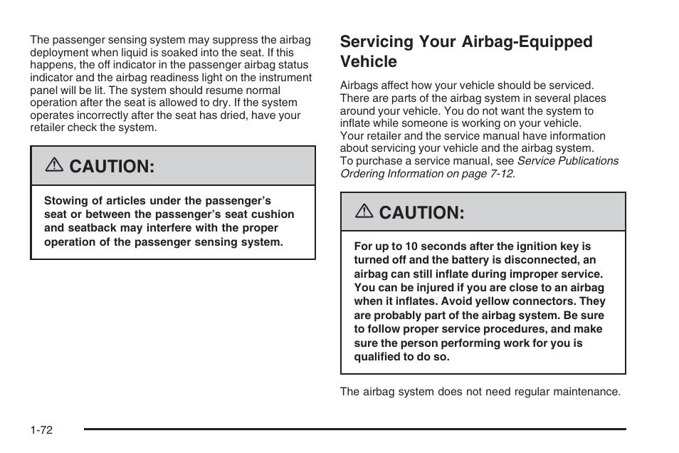 Servicing your airbag-equipped vehicle, Servicing your airbag-equipped vehicle -72, Caution | Saturn 2006 Vue User Manual | Page 78 / 412