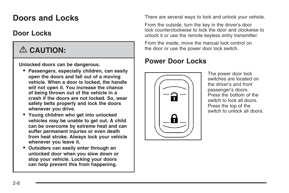 Doors and locks, Door locks, Power door locks | Doors and locks -8, Door locks -8 power door locks -8, Caution | Saturn 2006 Vue User Manual | Page 90 / 412