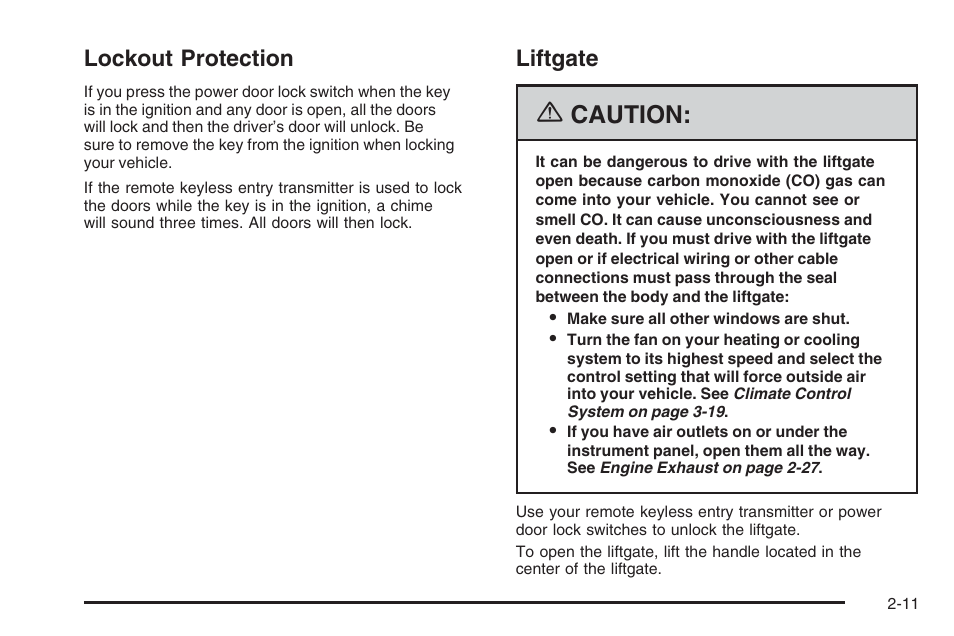 Lockout protection, Liftgate, Lockout protection -11 liftgate -11 | Caution | Saturn 2006 Vue User Manual | Page 93 / 412