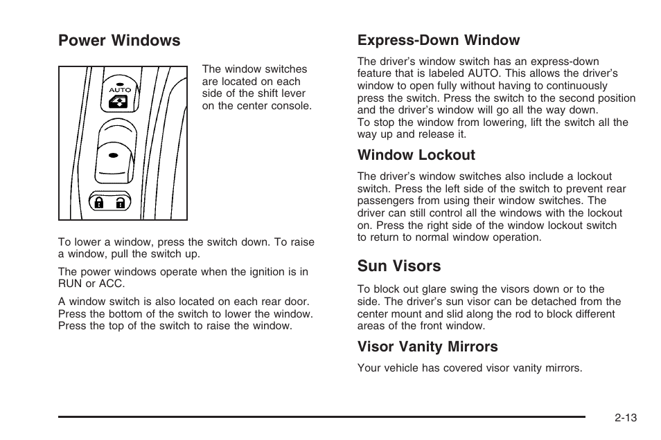 Power windows, Sun visors, Power windows -13 sun visors -13 | Saturn 2006 Vue User Manual | Page 95 / 412