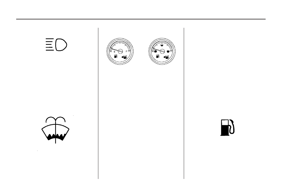 Highbeam on light, Low washer fluid warning light, Fuel gage | Low fuel warning light, Low washer fluid, Warning light | Saturn 2009 VUE Hybrid User Manual | Page 136 / 346