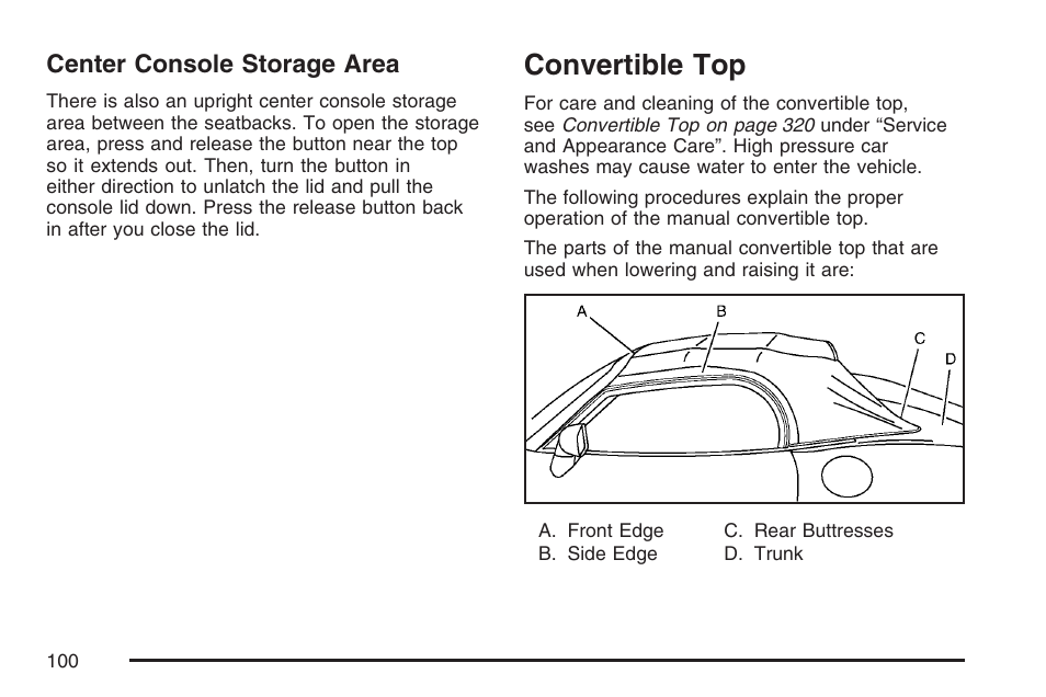 Center console storage area, Convertible top | Saturn 2007 Sky User Manual | Page 100 / 384