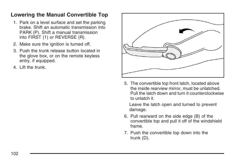Lowering the manual convertible top | Saturn 2007 Sky User Manual | Page 102 / 384