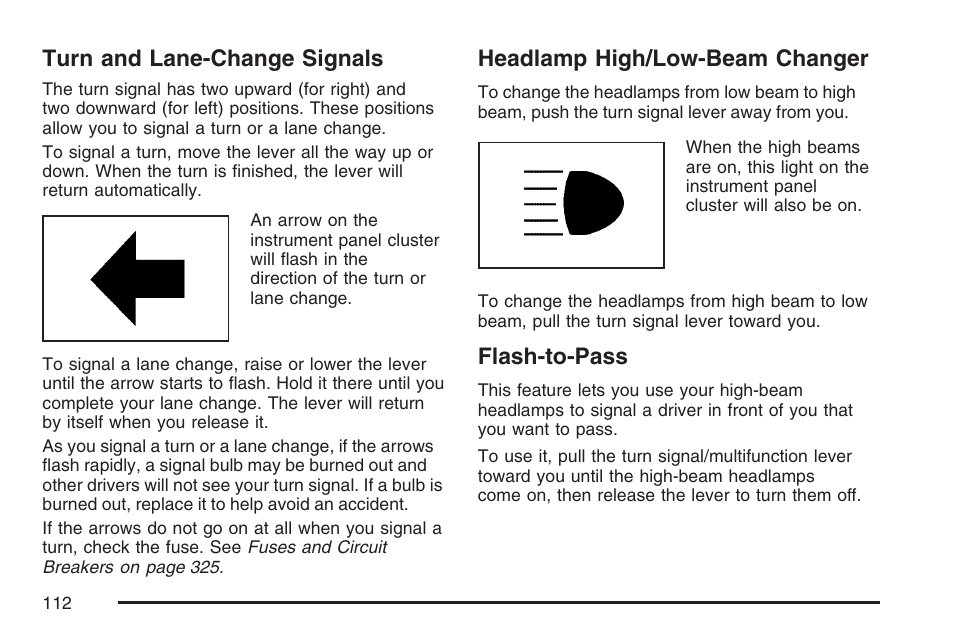Turn and lane-change signals, Headlamp high/low-beam changer, Flash-to-pass | Saturn 2007 Sky User Manual | Page 112 / 384