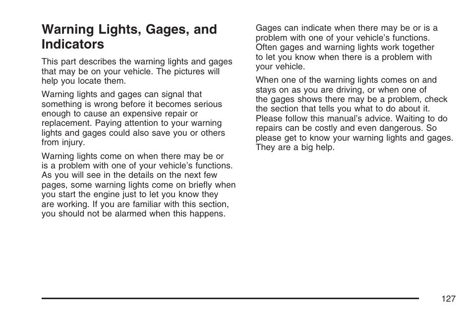Warning lights, gages, and indicators | Saturn 2007 Sky User Manual | Page 127 / 384