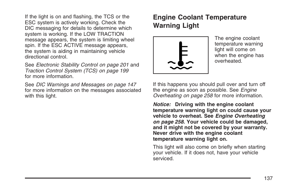 Engine coolant temperature warning light, Engine coolant temperature, Warning light | Saturn 2007 Sky User Manual | Page 137 / 384