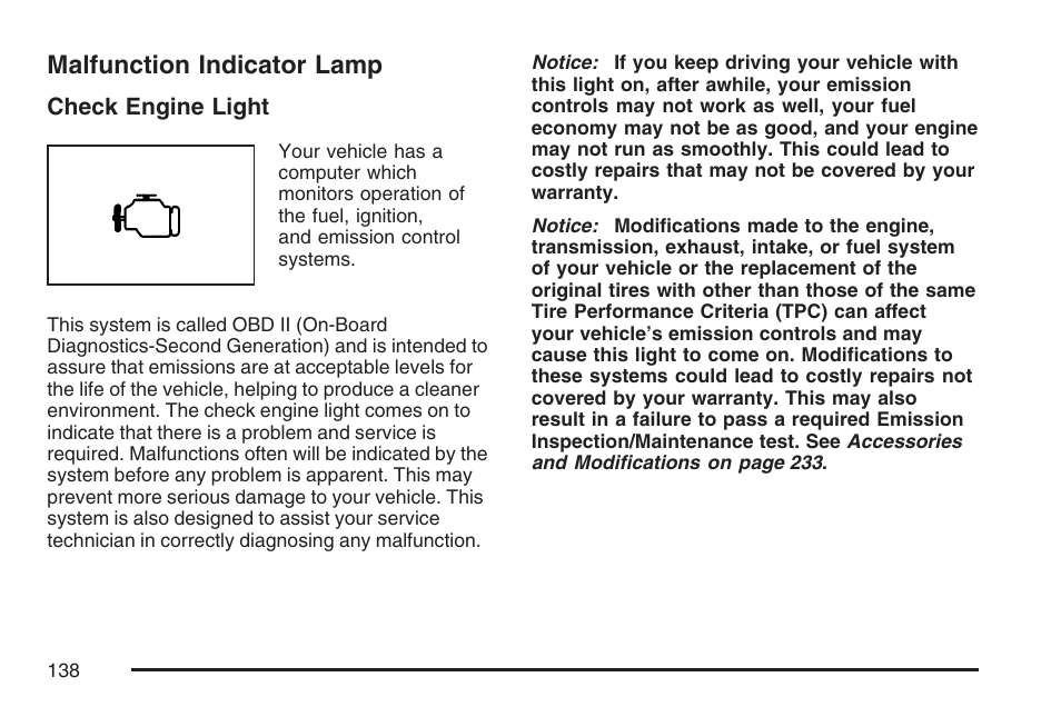 Malfunction indicator lamp | Saturn 2007 Sky User Manual | Page 138 / 384