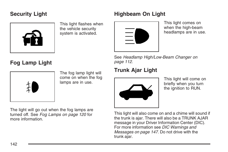 Security light, Fog lamp light, Highbeam on light | Trunk ajar light | Saturn 2007 Sky User Manual | Page 142 / 384