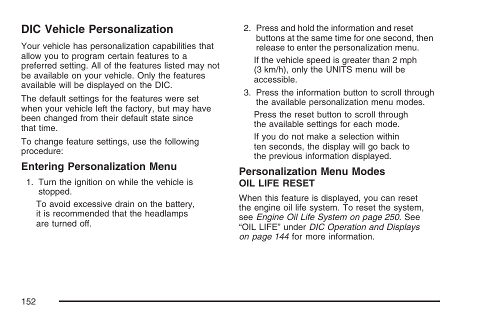 Dic vehicle personalization | Saturn 2007 Sky User Manual | Page 152 / 384