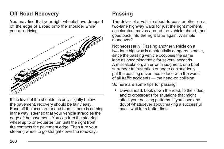 Off-road recovery, Passing, Off-road recovery passing | Saturn 2007 Sky User Manual | Page 206 / 384