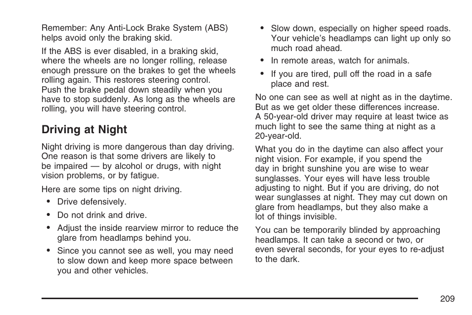 Driving at night | Saturn 2007 Sky User Manual | Page 209 / 384