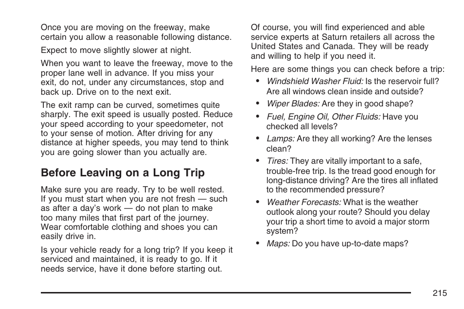 Before leaving on a long trip | Saturn 2007 Sky User Manual | Page 215 / 384