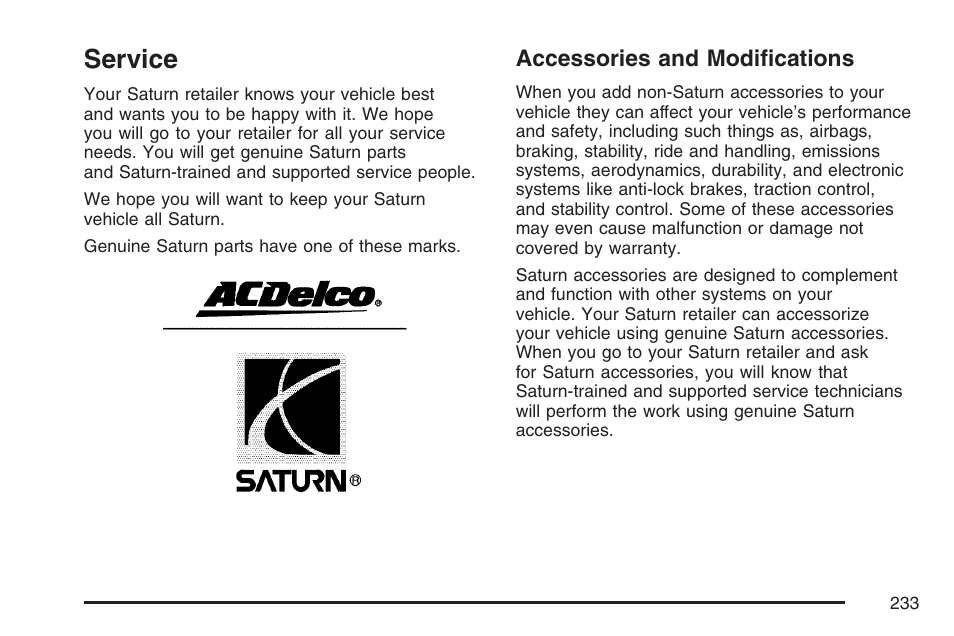 Service, Accessories and modifications | Saturn 2007 Sky User Manual | Page 233 / 384