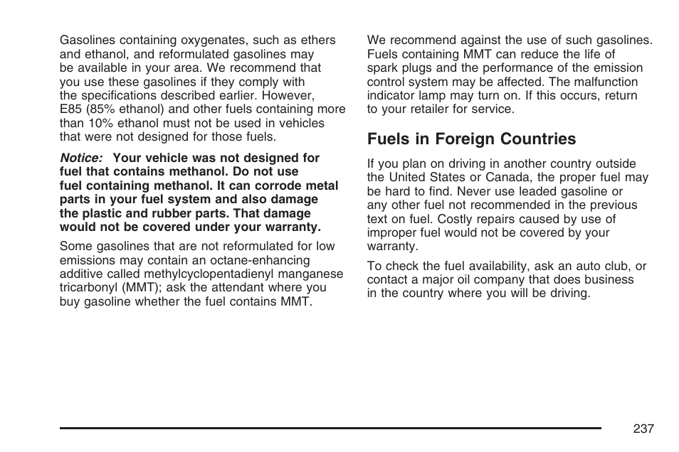 Fuels in foreign countries | Saturn 2007 Sky User Manual | Page 237 / 384