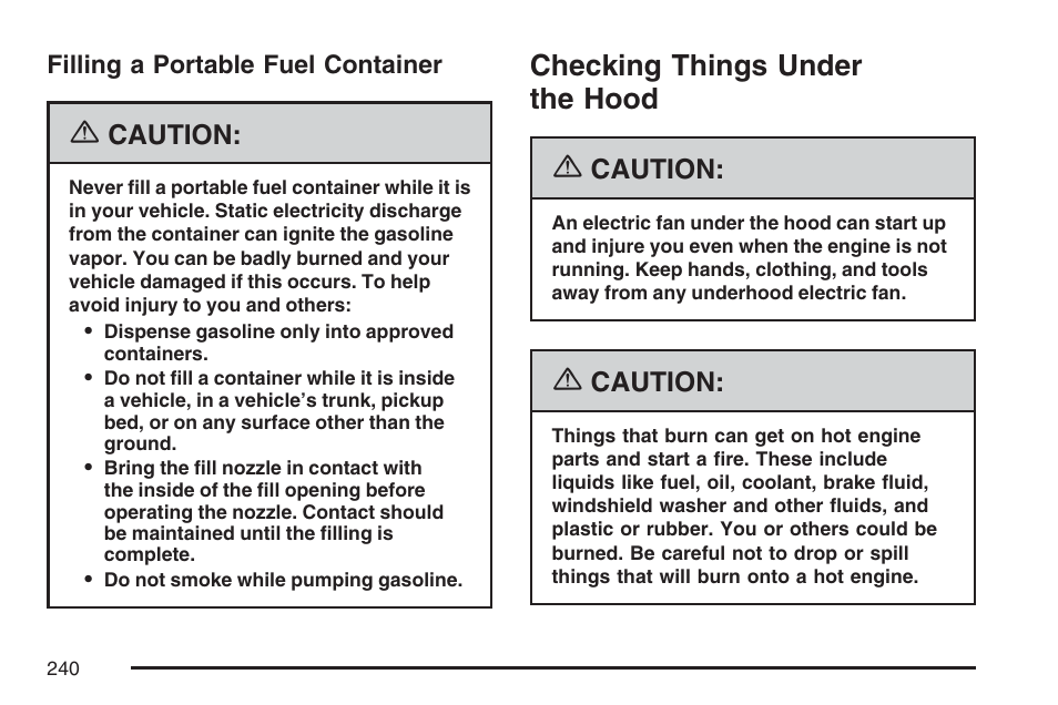 Filling a portable fuel container, Checking things under the hood | Saturn 2007 Sky User Manual | Page 240 / 384