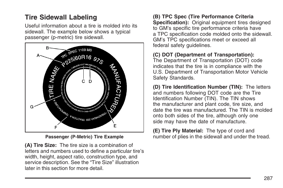 Tire sidewall labeling | Saturn 2007 Sky User Manual | Page 287 / 384