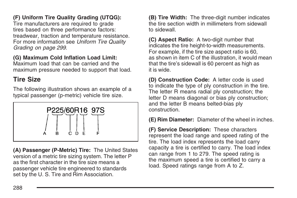 Tire size | Saturn 2007 Sky User Manual | Page 288 / 384