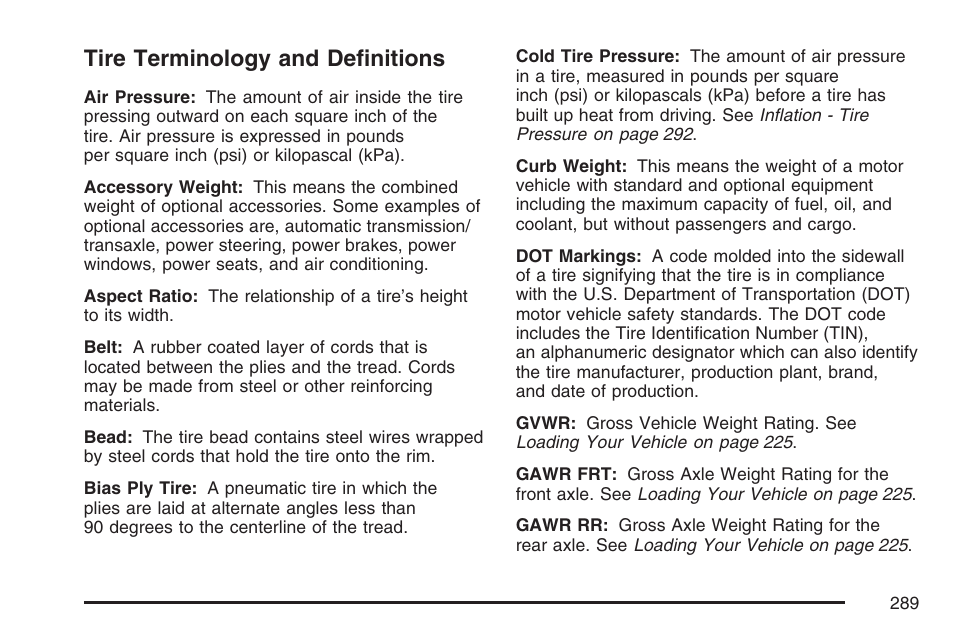 Tire terminology and definitions | Saturn 2007 Sky User Manual | Page 289 / 384