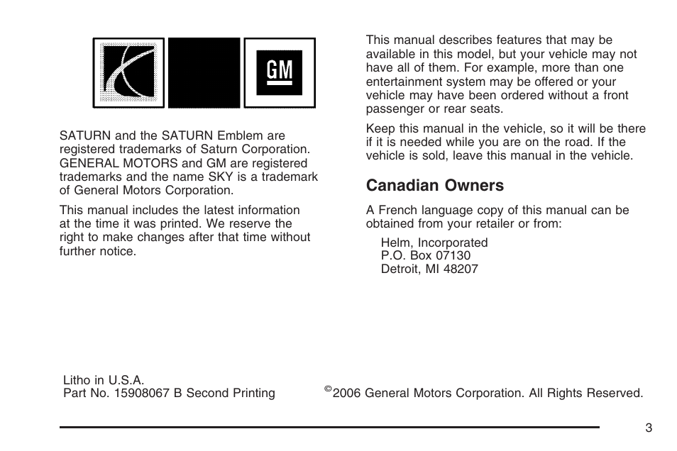 Canadian owners | Saturn 2007 Sky User Manual | Page 3 / 384