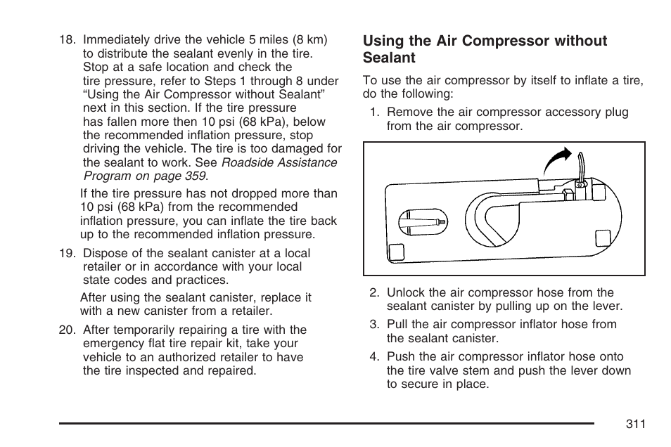 Using the air compressor without sealant | Saturn 2007 Sky User Manual | Page 311 / 384