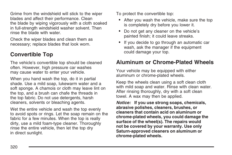 Convertible top, Aluminum or chrome-plated wheels, Convertible top aluminum or chrome-plated wheels | Saturn 2007 Sky User Manual | Page 320 / 384