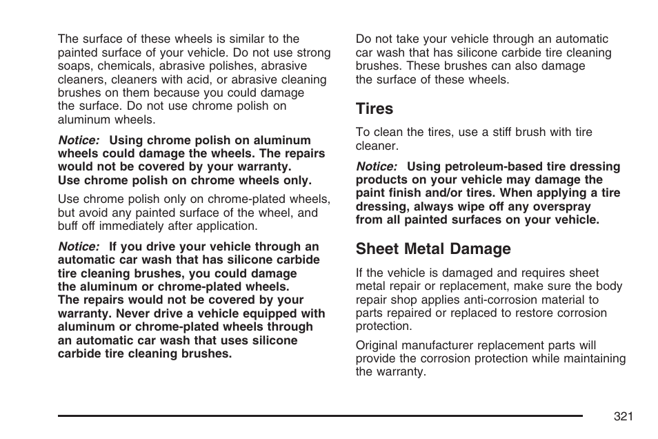 Tires, Sheet metal damage, Tires sheet metal damage | Saturn 2007 Sky User Manual | Page 321 / 384