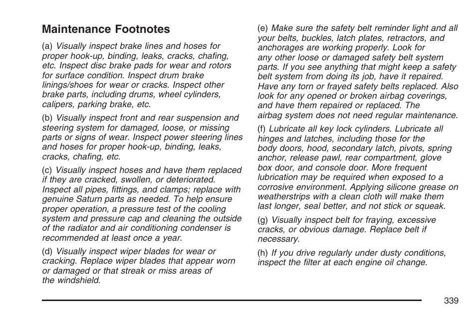 Maintenance footnotes | Saturn 2007 Sky User Manual | Page 339 / 384