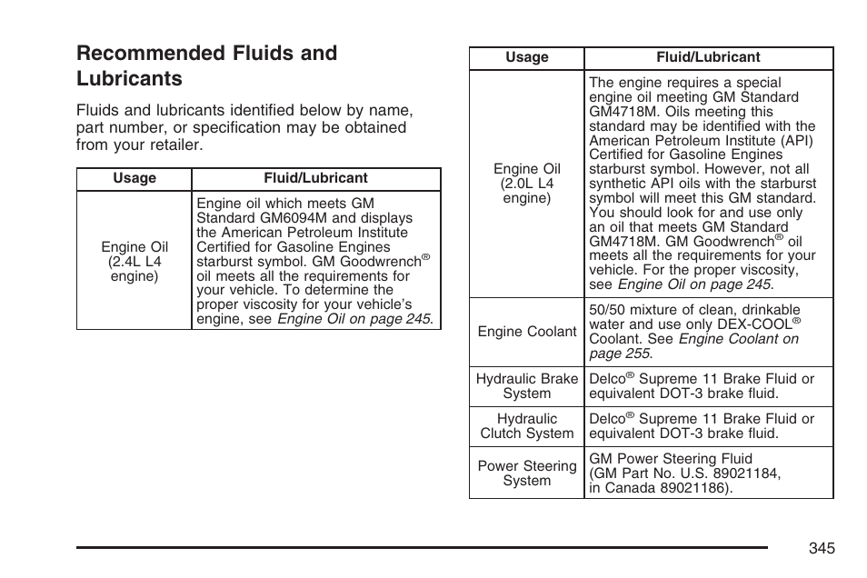 Recommended fluids and lubricants | Saturn 2007 Sky User Manual | Page 345 / 384