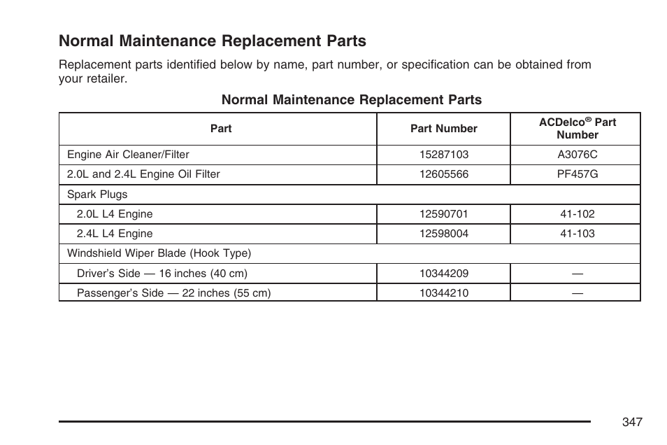 Normal maintenance replacement parts | Saturn 2007 Sky User Manual | Page 347 / 384