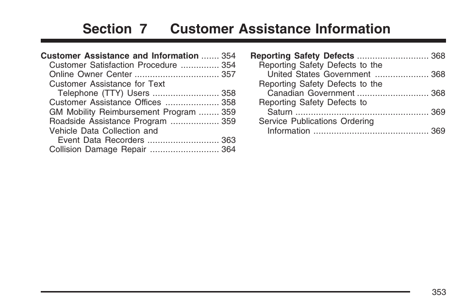 Customer assistance information | Saturn 2007 Sky User Manual | Page 353 / 384