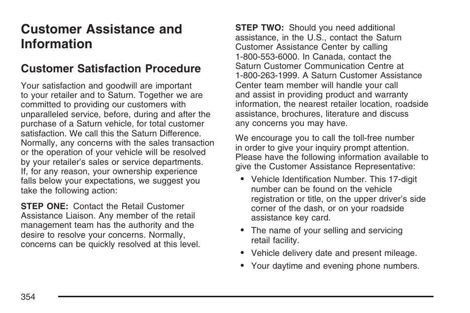 Customer assistance and information, Customer satisfaction procedure | Saturn 2007 Sky User Manual | Page 354 / 384