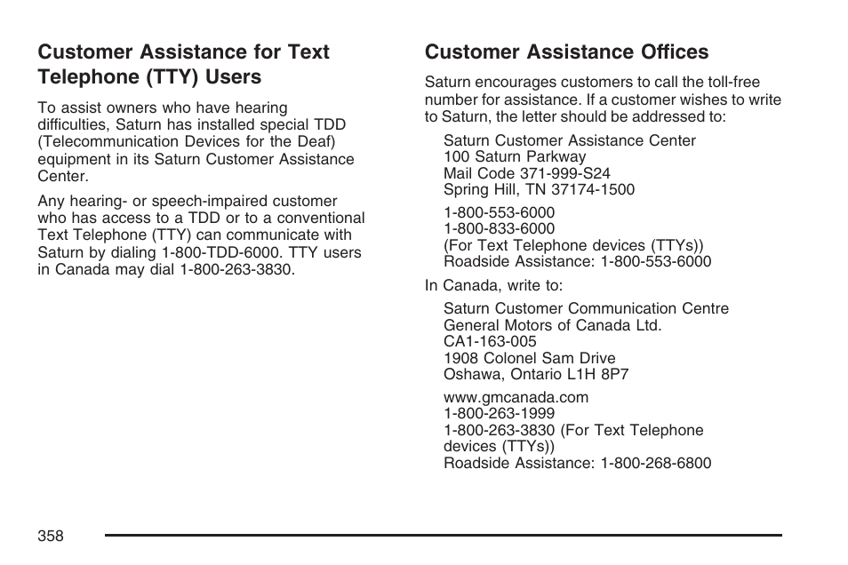 Customer assistance for text telephone (tty) users, Customer assistance offices, Customer assistance for text | Telephone (tty) users | Saturn 2007 Sky User Manual | Page 358 / 384