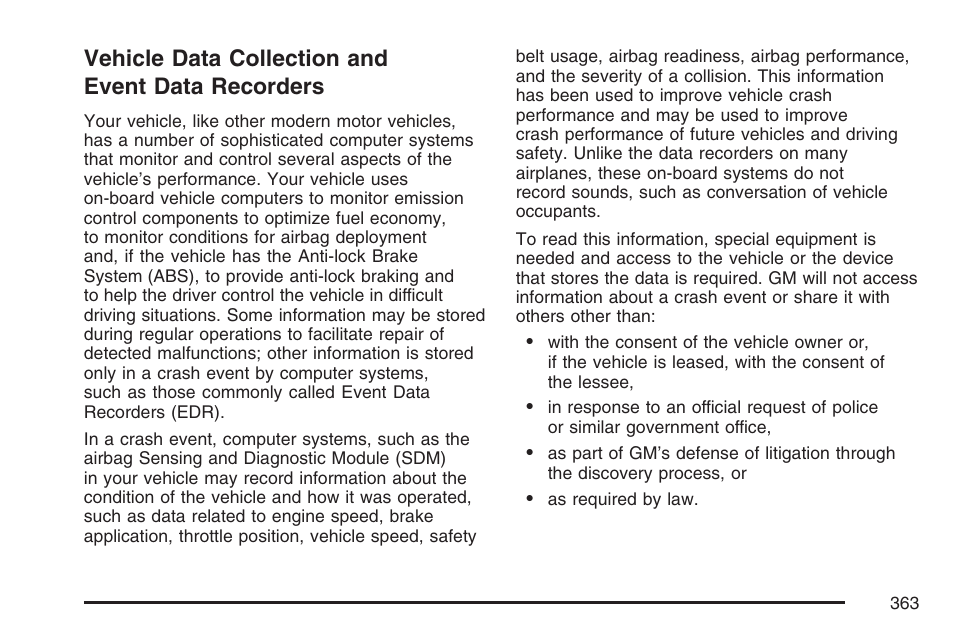 Vehicle data collection and event data recorders, Vehicle data collection and, Event data recorders | Saturn 2007 Sky User Manual | Page 363 / 384