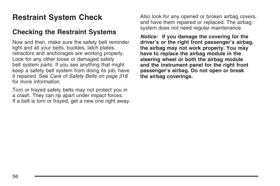 Restraint system check, Checking the restraint systems | Saturn 2007 Sky User Manual | Page 56 / 384