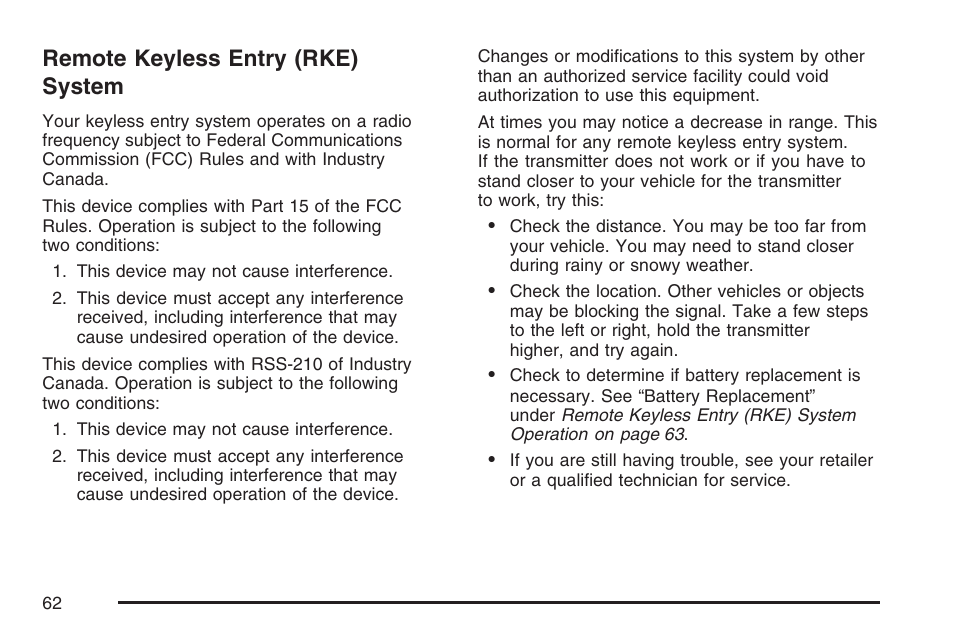 Remote keyless entry (rke) system | Saturn 2007 Sky User Manual | Page 62 / 384