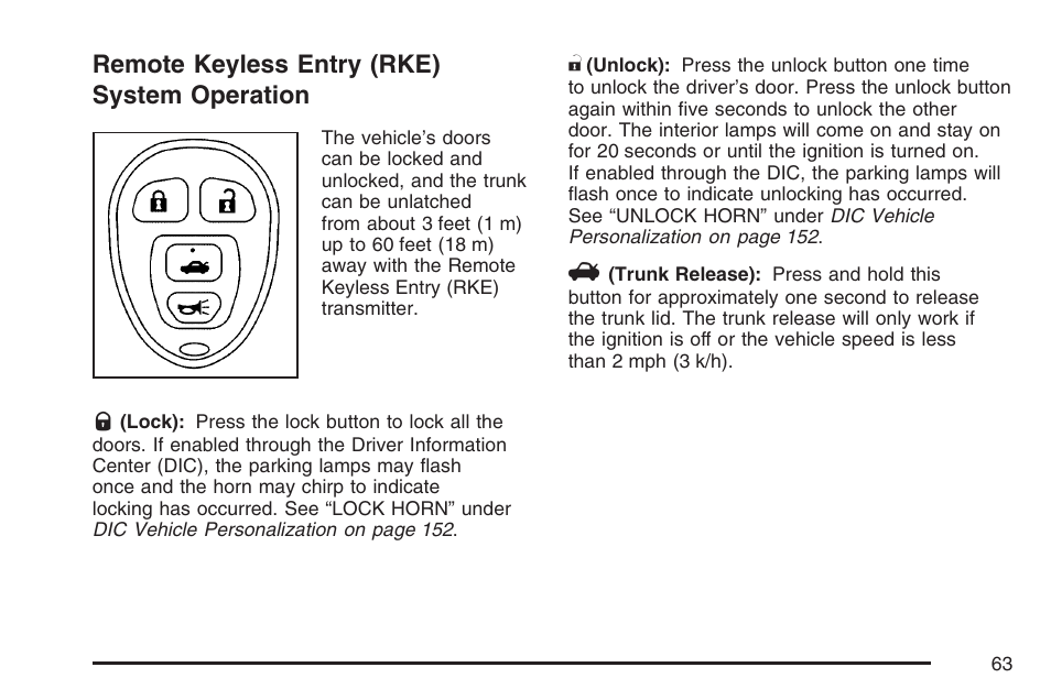 Remote keyless entry (rke) system operation, Remote keyless entry (rke), System operation | Saturn 2007 Sky User Manual | Page 63 / 384