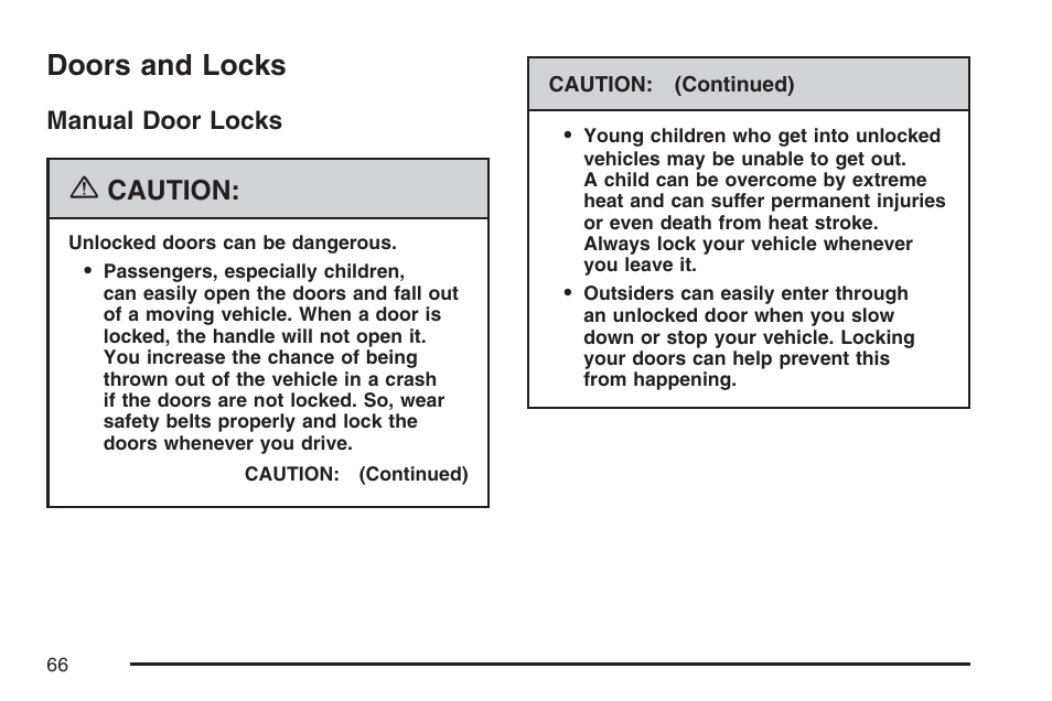 Doors and locks, Manual door locks, Caution | Saturn 2007 Sky User Manual | Page 66 / 384