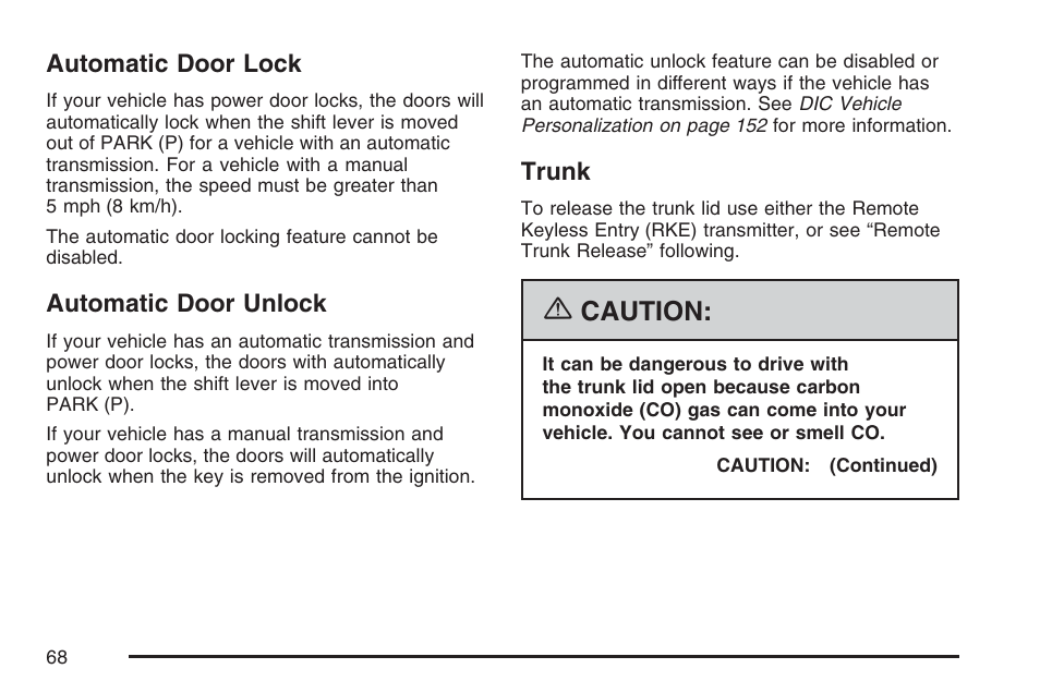 Automatic door lock, Automatic door unlock, Trunk | Automatic door lock automatic door unlock trunk, Caution | Saturn 2007 Sky User Manual | Page 68 / 384