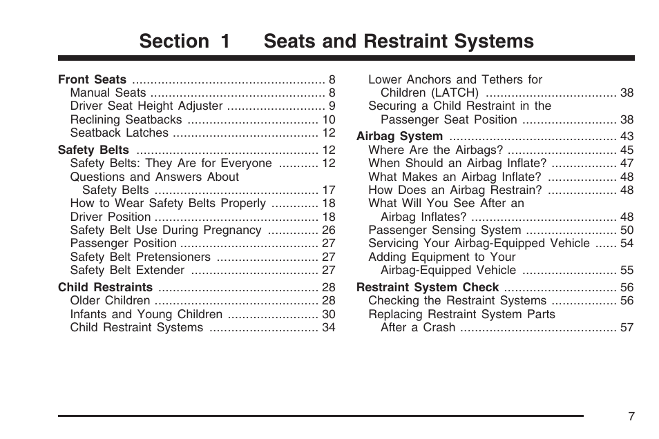 Seats and restraint systems | Saturn 2007 Sky User Manual | Page 7 / 384