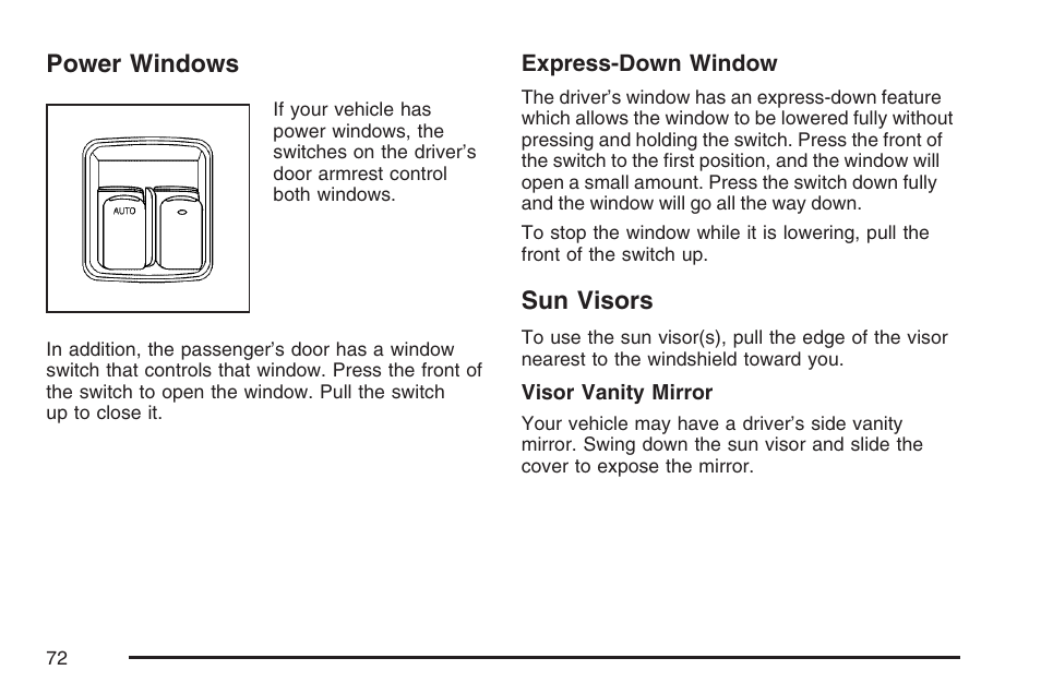 Power windows, Sun visors, Power windows sun visors | Saturn 2007 Sky User Manual | Page 72 / 384