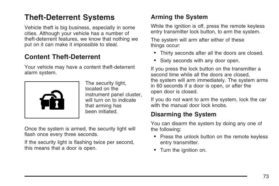 Theft-deterrent systems, Content theft-deterrent | Saturn 2007 Sky User Manual | Page 73 / 384